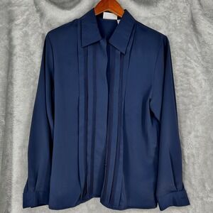 VTG Christie & Jill Womens Sz 8 Button Front Shirt Navy Blue Pleated Long Sleeve